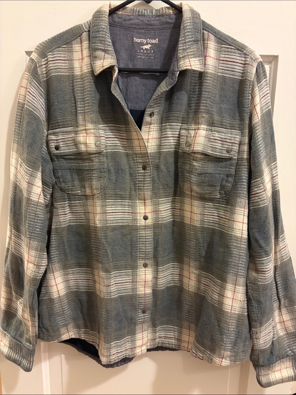 Horny Toad Women’s Slate Blue and Cream Plaid snap Button-Down Shirt Jacket